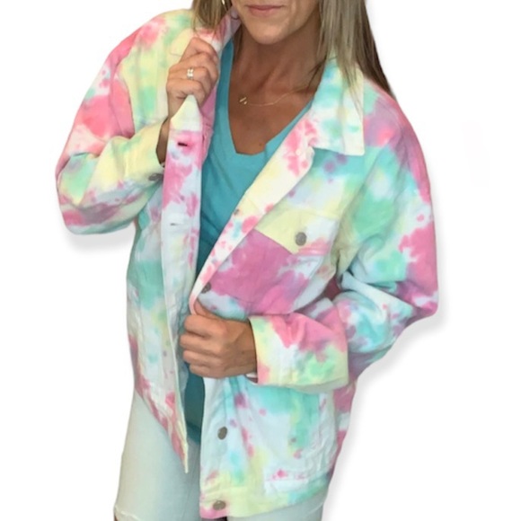 DAYDREAMER Tie Dye Jacket Snow Cone Denim White Rainbow Swirl Patch Pockets - Picture 2 of 11